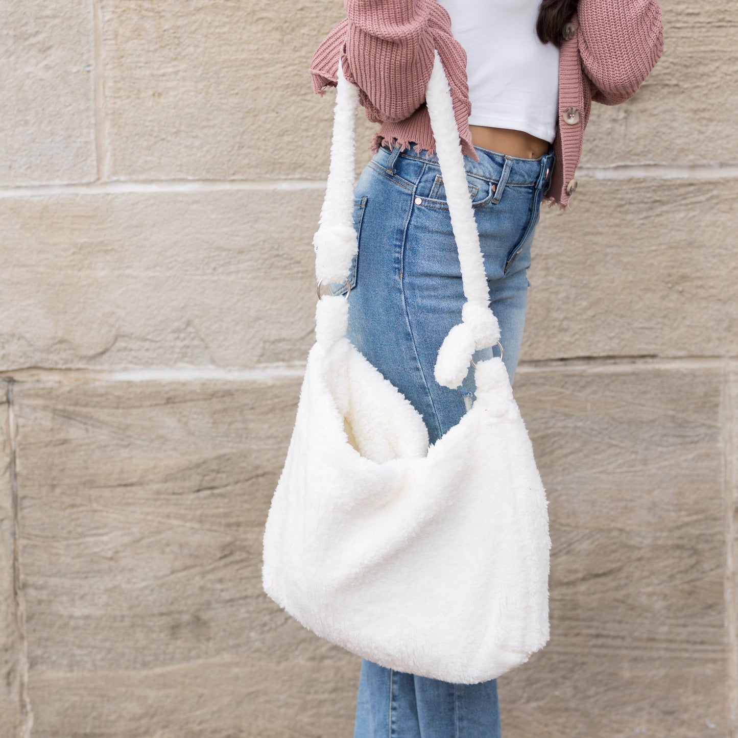 Boucle Sherpa Plush Polyester Messenger Bag with Magnetic Clasp & Self-Tie Adjustable Strap | Beige, Ivory, Black