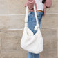 Boucle Sherpa Plush Polyester Messenger Bag with Magnetic Clasp & Self-Tie Adjustable Strap | Beige, Ivory, Black