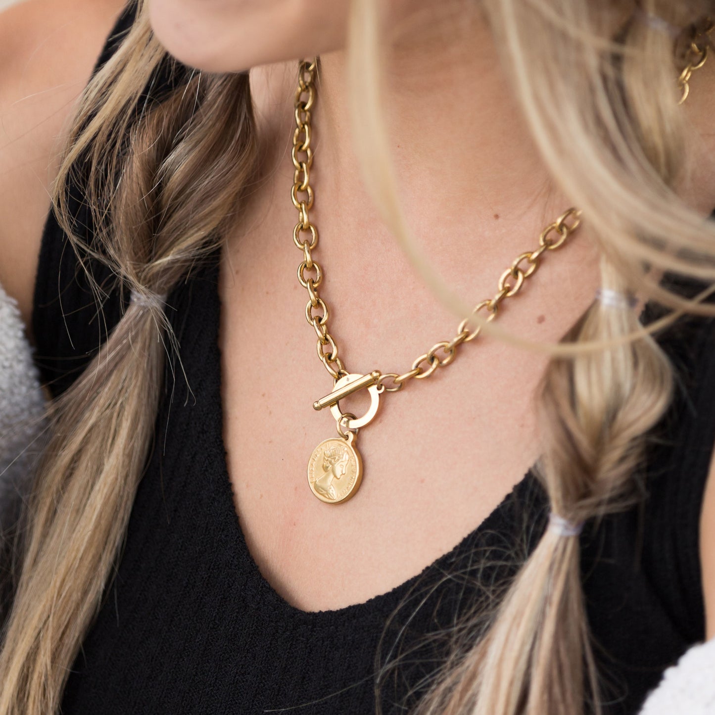 100% Stainless Steel Tarnish Free Coin Accent Chain Link Toggle Closure Necklace | 17.75"