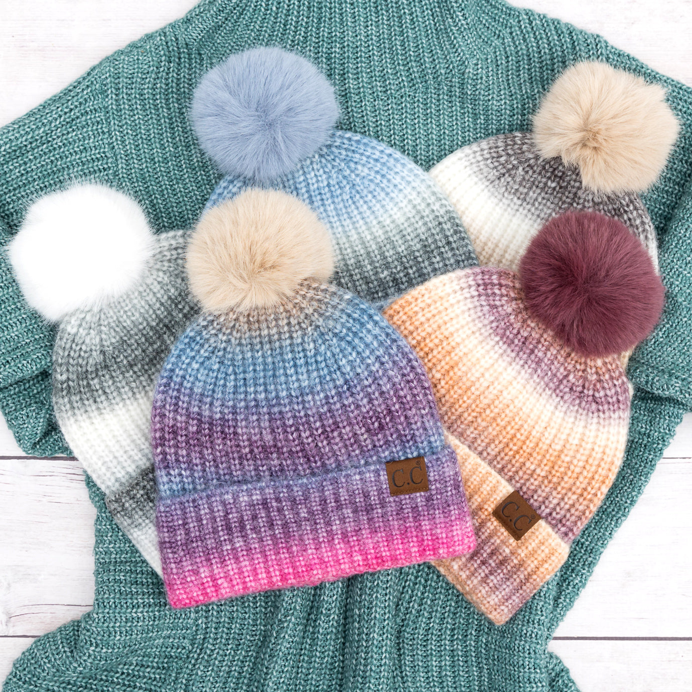 C.C® Acrylic Wool Ombre Knit Faux Fur Pom Beanie | One Size