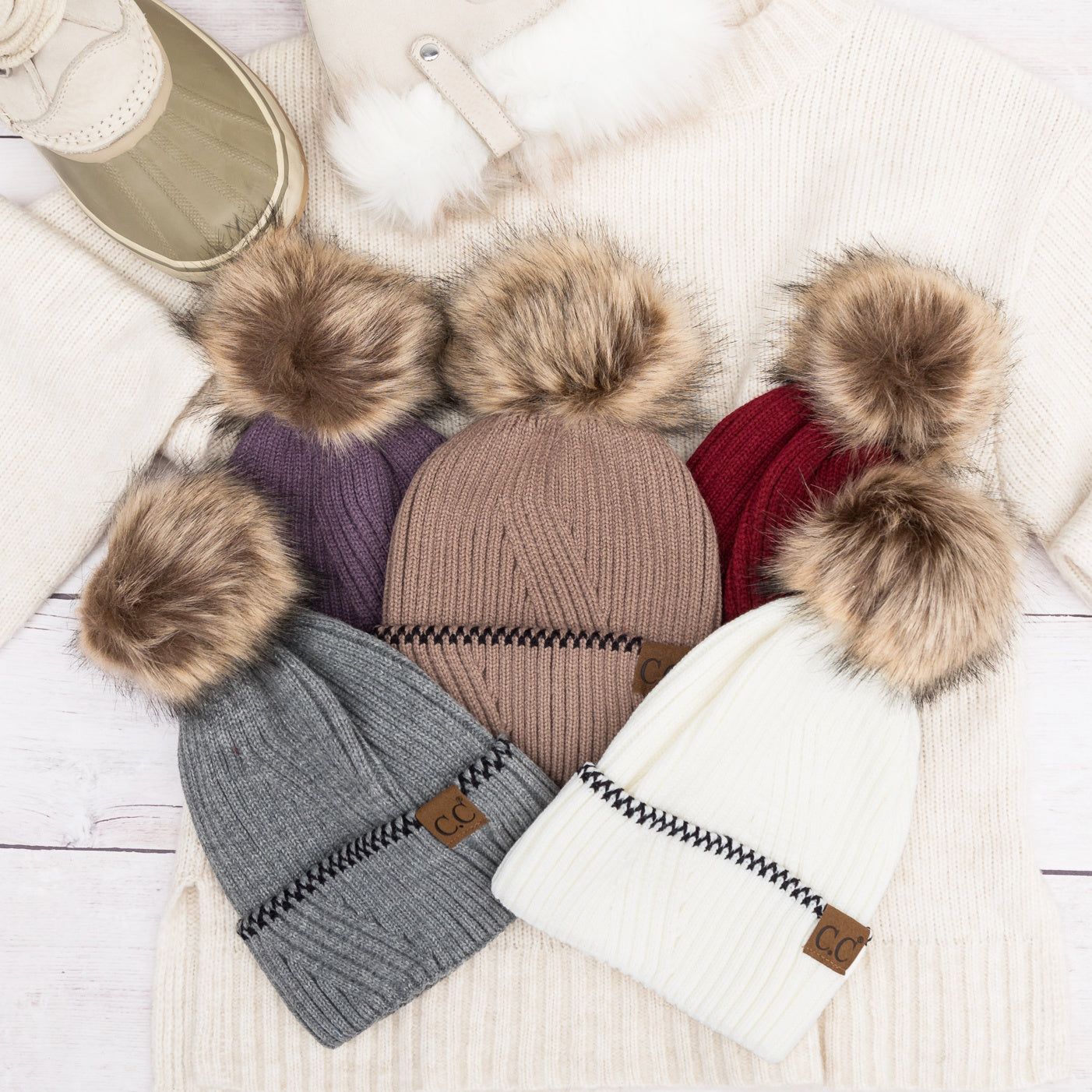 C.C® 100% Soft Acrylic Asymmetrical Weave Accent Cuff Faux Fur Pom Beanie | One Size
