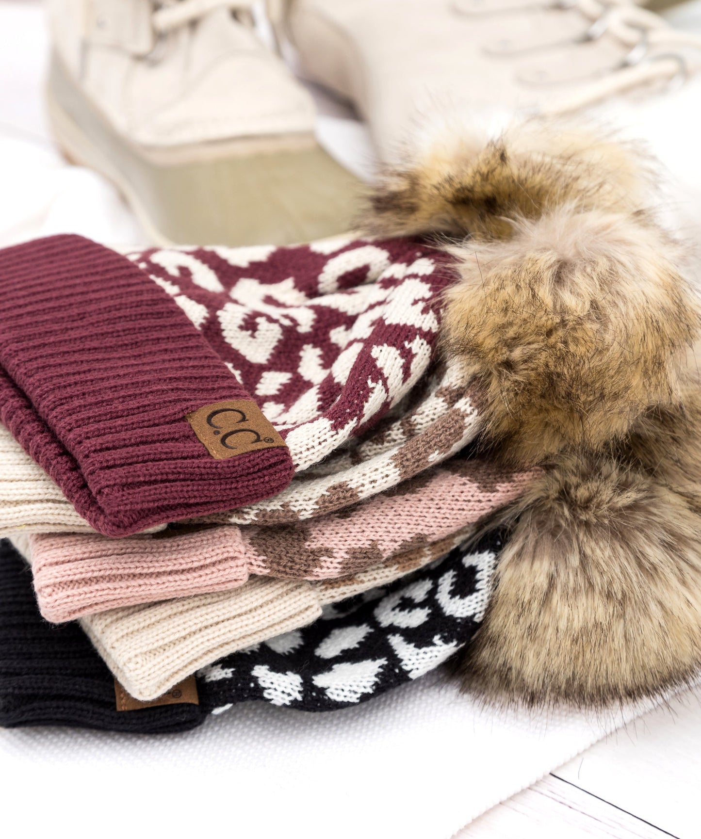 C.C® 100% Soft Acrylic Natural Leopard Faux Fur Pom Beanie | One Size