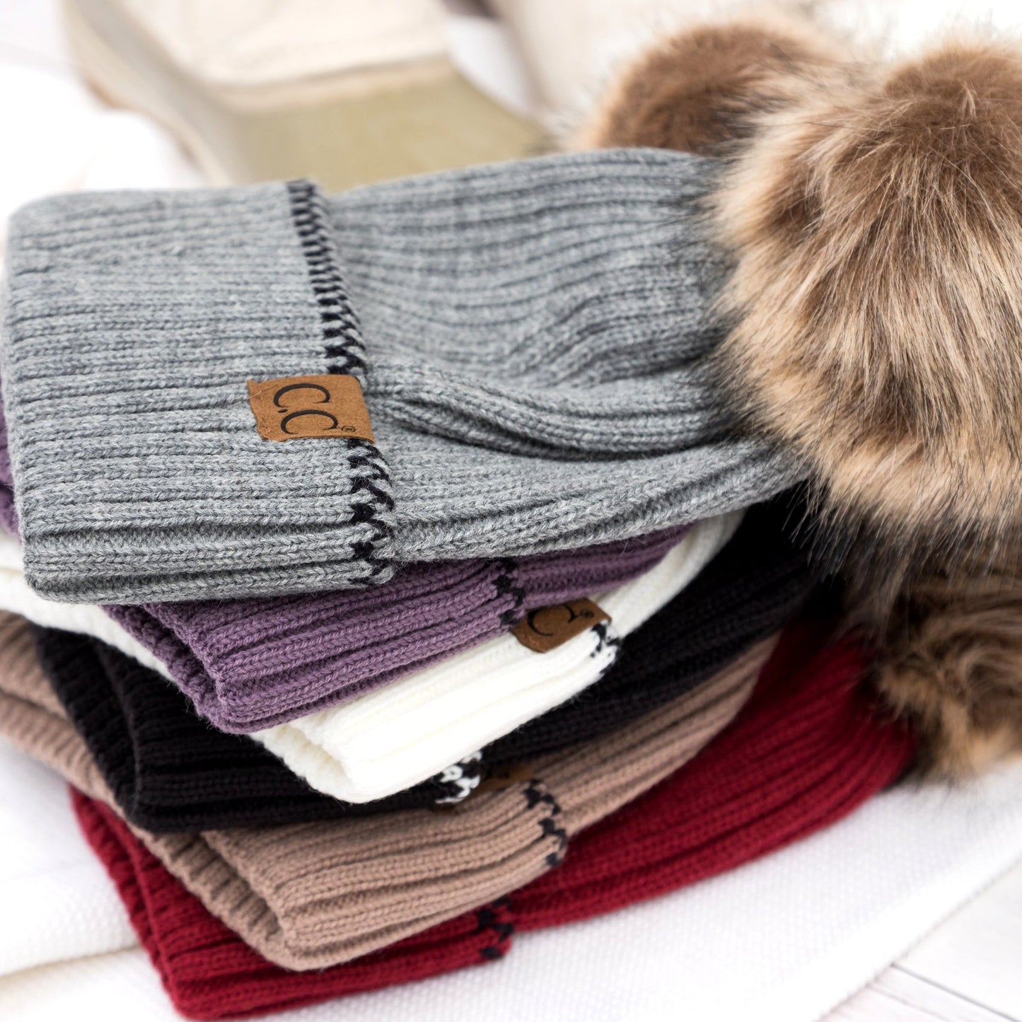 C.C® 100% Soft Acrylic Asymmetrical Weave Accent Cuff Faux Fur Pom Beanie | One Size