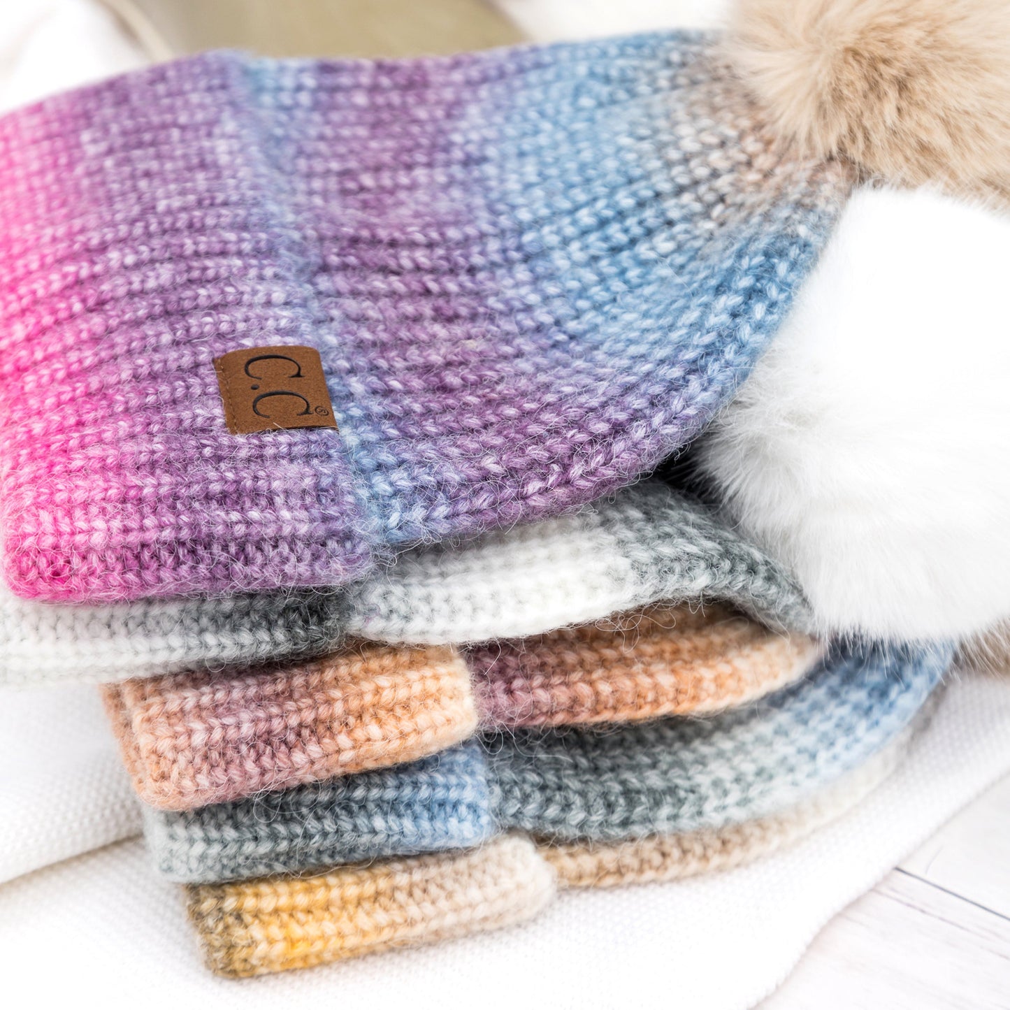 C.C® Acrylic Wool Ombre Knit Faux Fur Pom Beanie | One Size