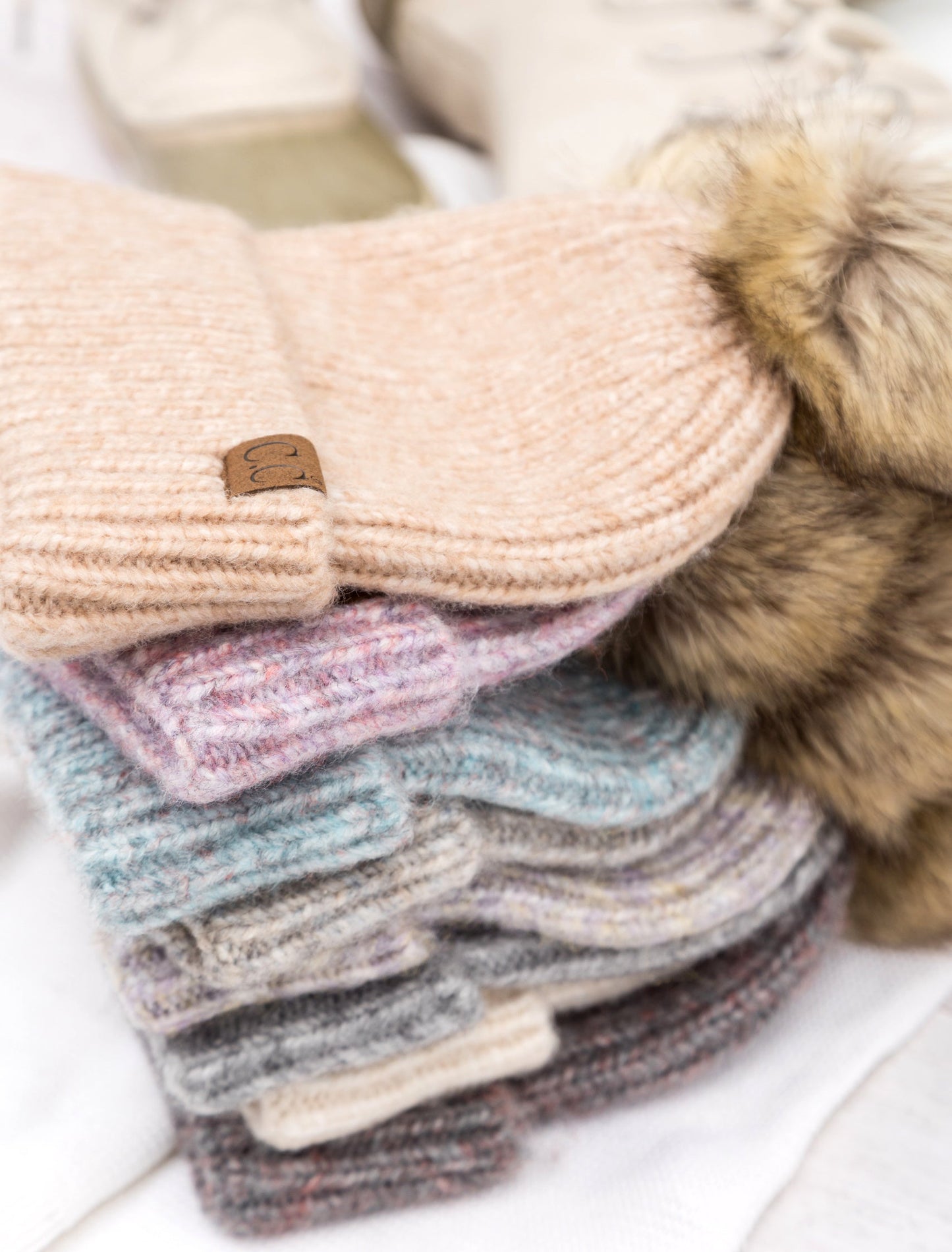 C.C® Acrylic Nylon Cozy Marled Knit Faux Fur Pom Beanie | One Size
