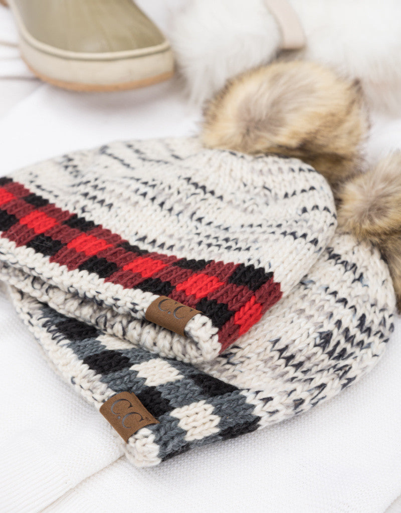 C.C® 100% Soft-Spun Acrylic Buffalo Print Slouchy Knit Faux Fur Pom Beanie | One Size