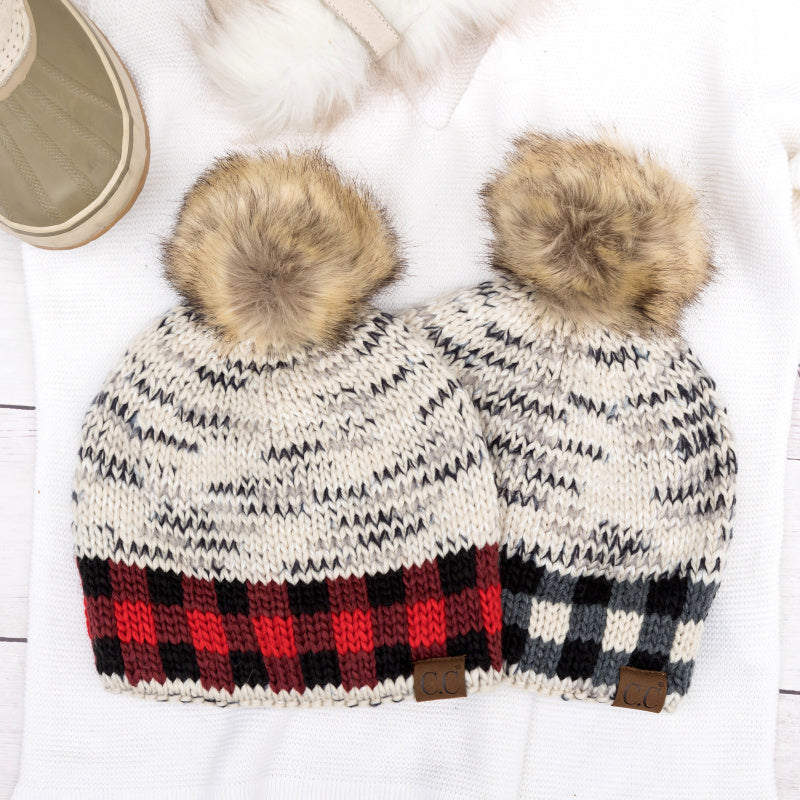 C.C® 100% Soft-Spun Acrylic Buffalo Print Slouchy Knit Faux Fur Pom Beanie | One Size