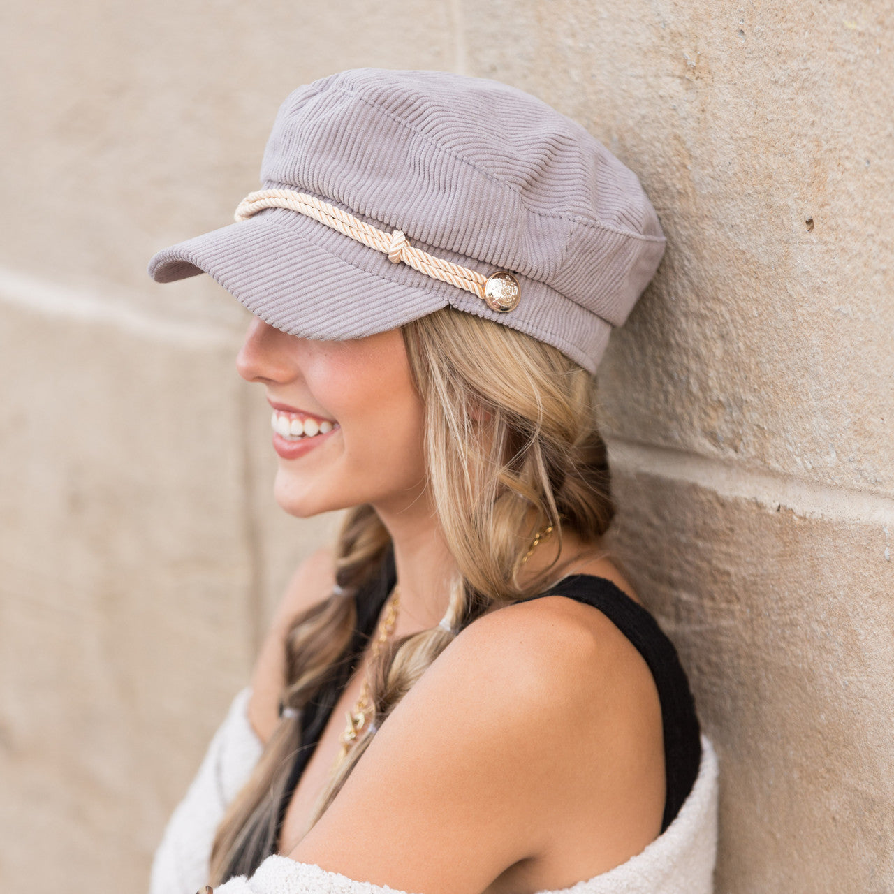 50% Cotton 50% Polyester Corduroy Gold Coin Detail Newsboy Cap | One Size Teen–Adult