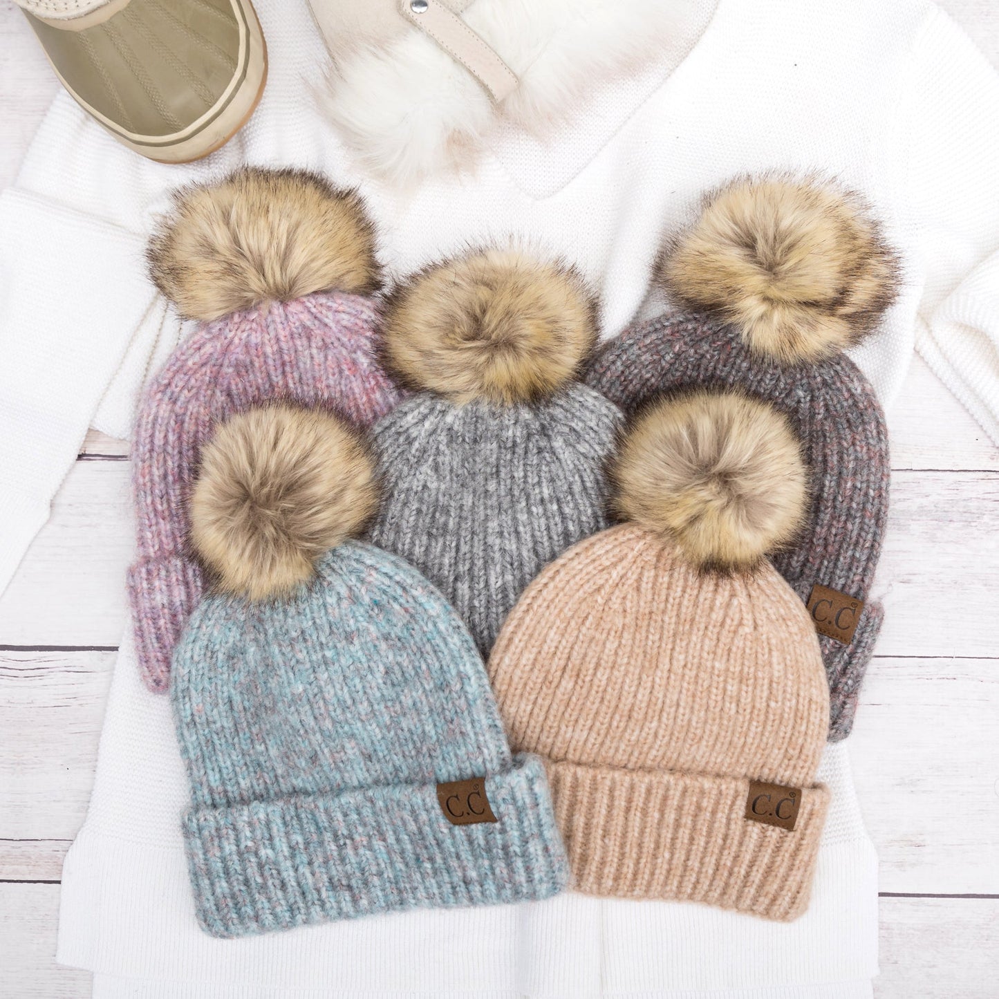 C.C® Acrylic Nylon Cozy Marled Knit Faux Fur Pom Beanie | One Size