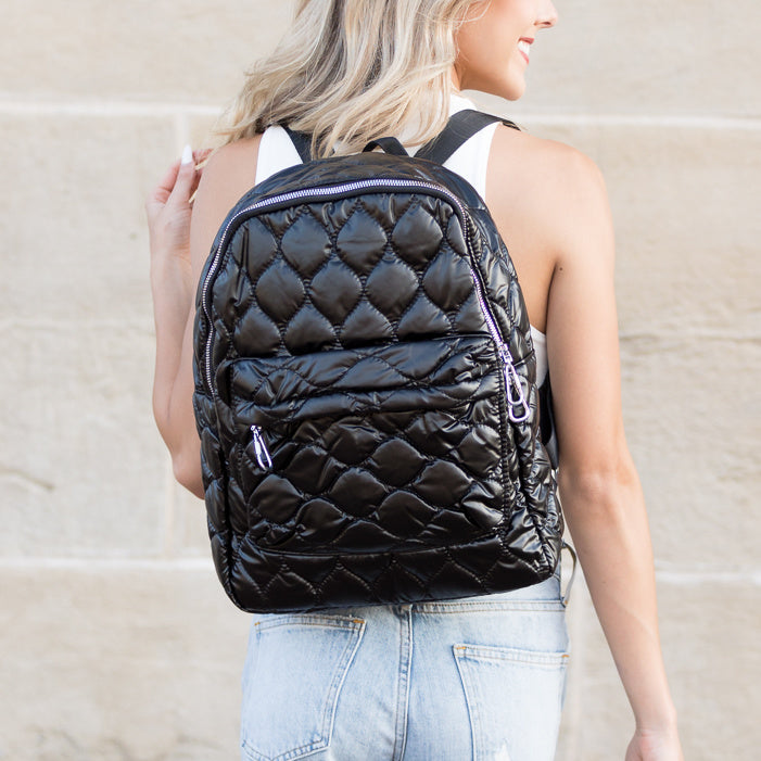 Jade Metallic Quilted Polyester Puffer Backpack