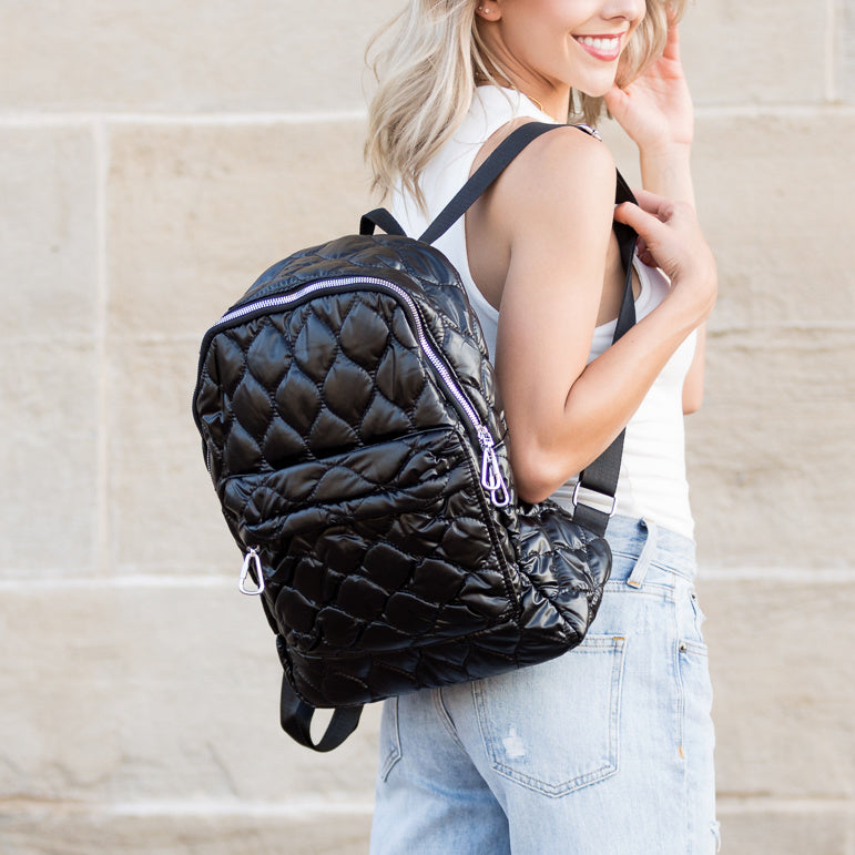 Jade Metallic Quilted Polyester Puffer Backpack