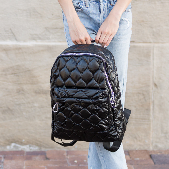 Jade Metallic Quilted Polyester Puffer Backpack