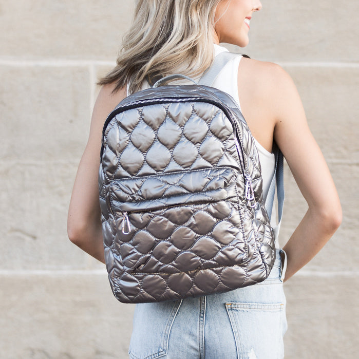 Jade Metallic Quilted Polyester Puffer Backpack