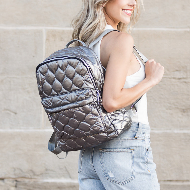 Jade Metallic Quilted Polyester Puffer Backpack