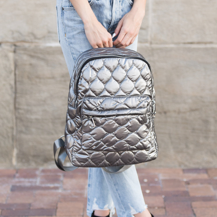Jade Metallic Quilted Polyester Puffer Backpack