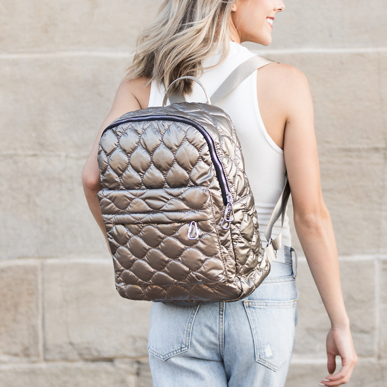 Jade Metallic Quilted Polyester Puffer Backpack