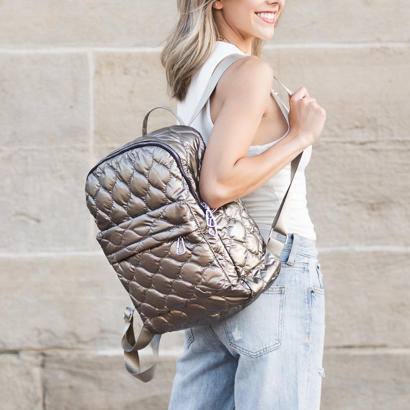 Jade Metallic Quilted Polyester Puffer Backpack