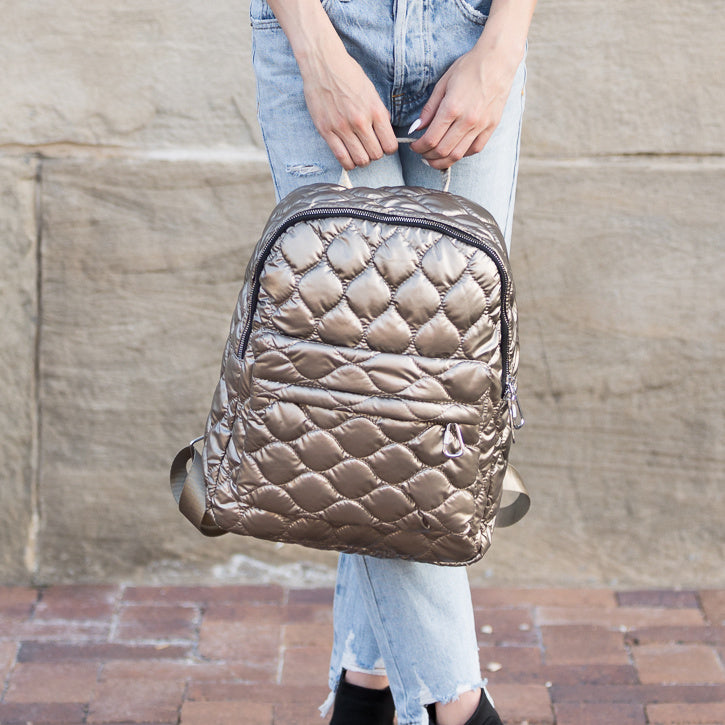 Jade Metallic Quilted Polyester Puffer Backpack