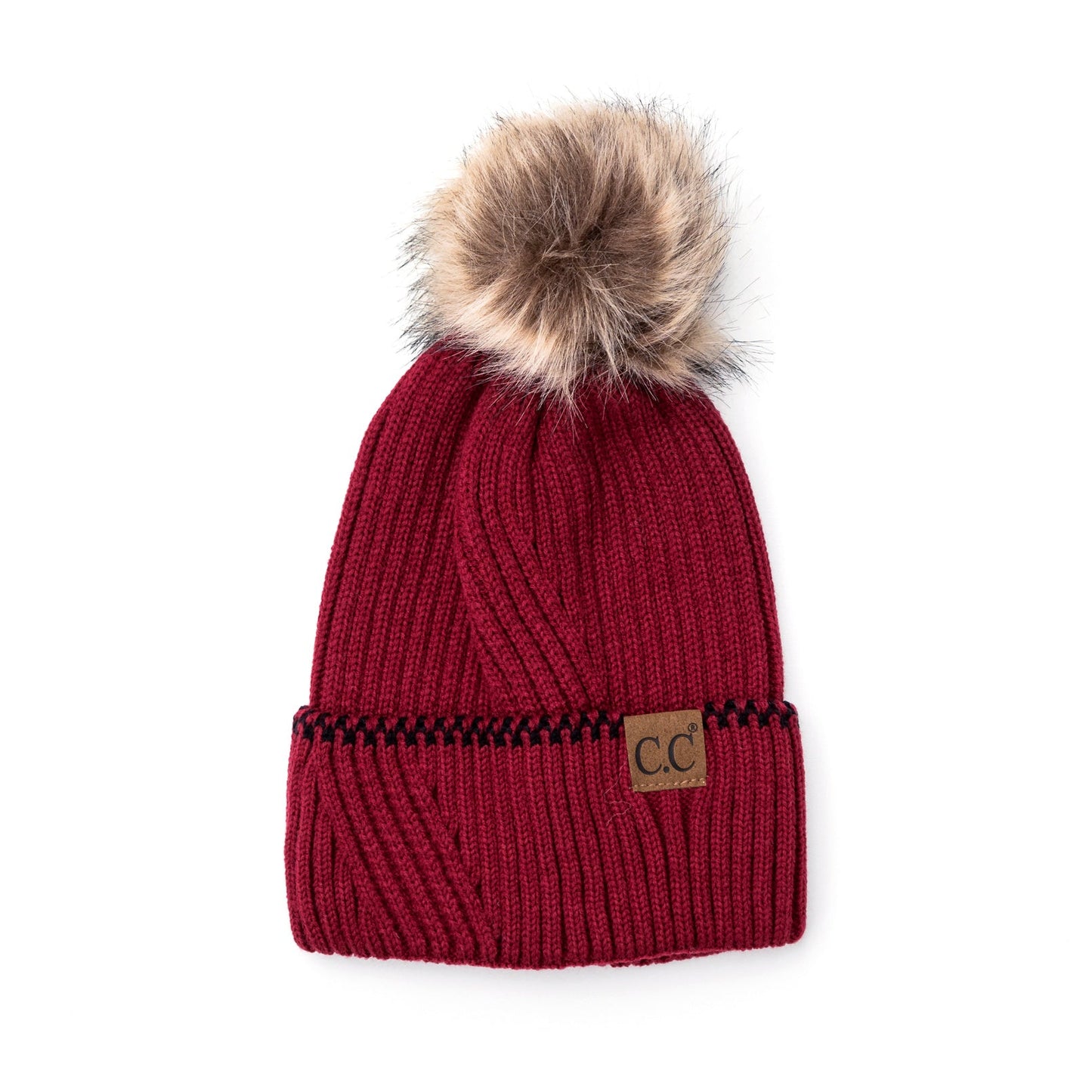 C.C® 100% Soft Acrylic Asymmetrical Weave Accent Cuff Faux Fur Pom Beanie | One Size