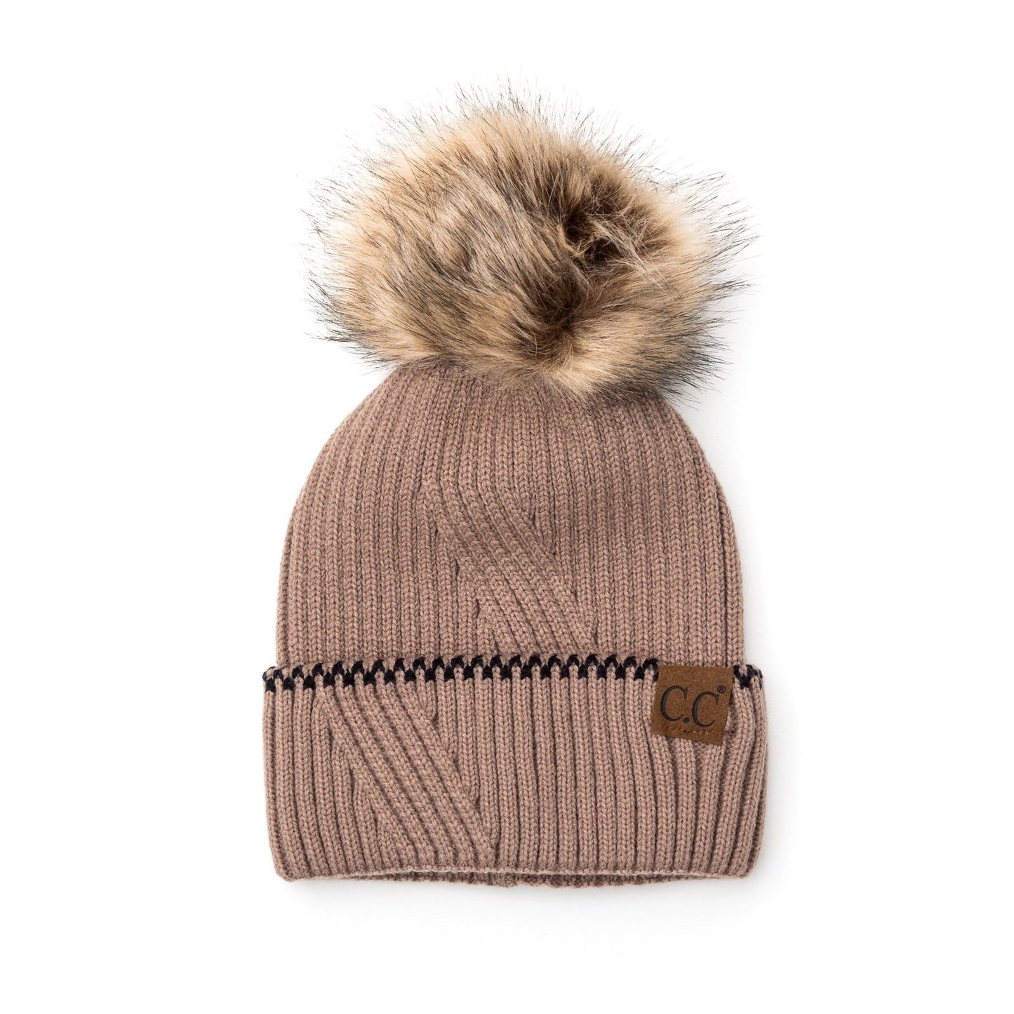 C.C® 100% Soft Acrylic Asymmetrical Weave Accent Cuff Faux Fur Pom Beanie | One Size