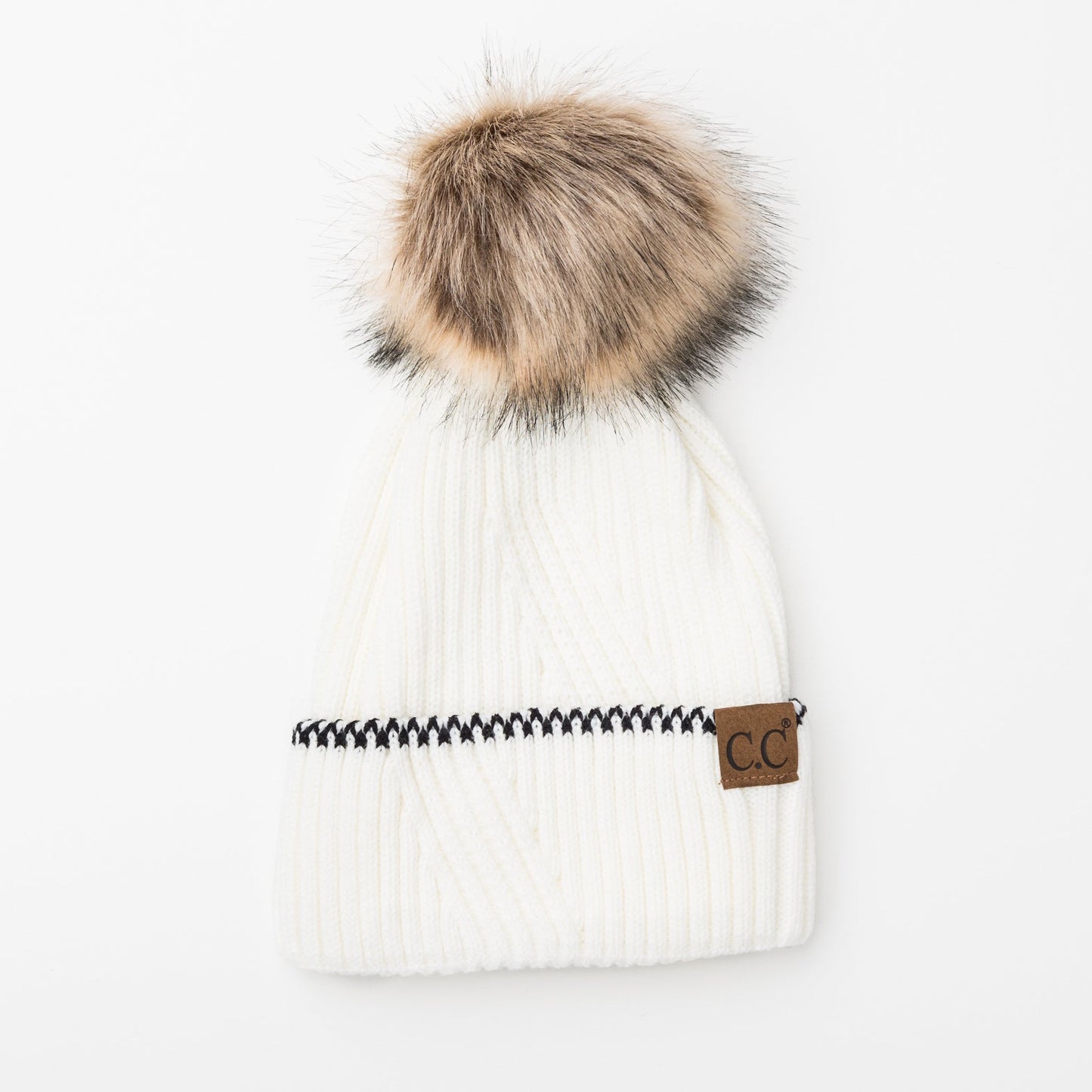 C.C® 100% Soft Acrylic Asymmetrical Weave Accent Cuff Faux Fur Pom Beanie | One Size