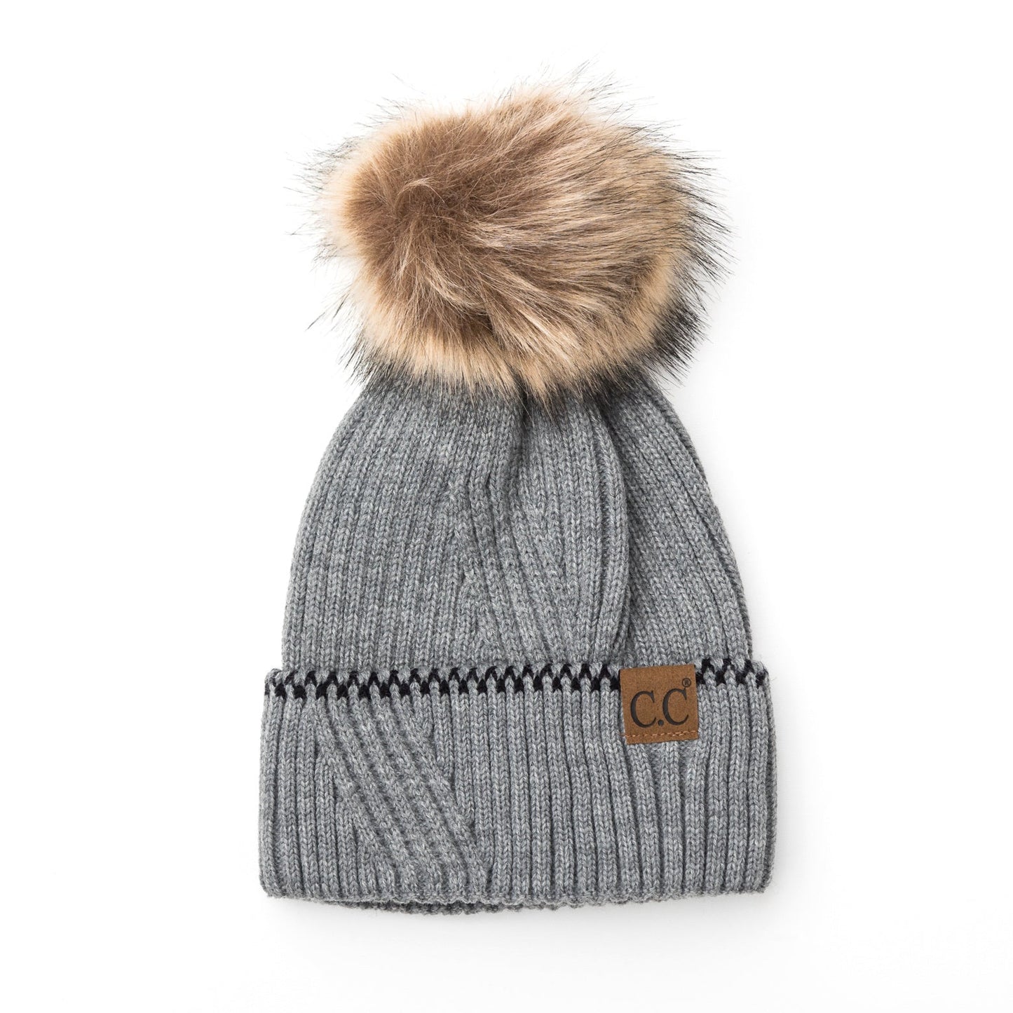 C.C® 100% Soft Acrylic Asymmetrical Weave Accent Cuff Faux Fur Pom Beanie | One Size