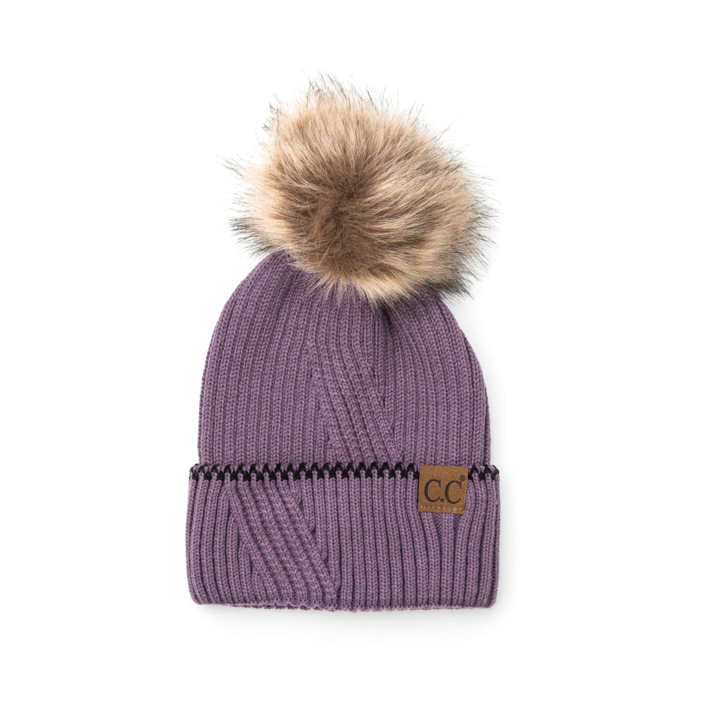C.C® 100% Soft Acrylic Asymmetrical Weave Accent Cuff Faux Fur Pom Beanie | One Size