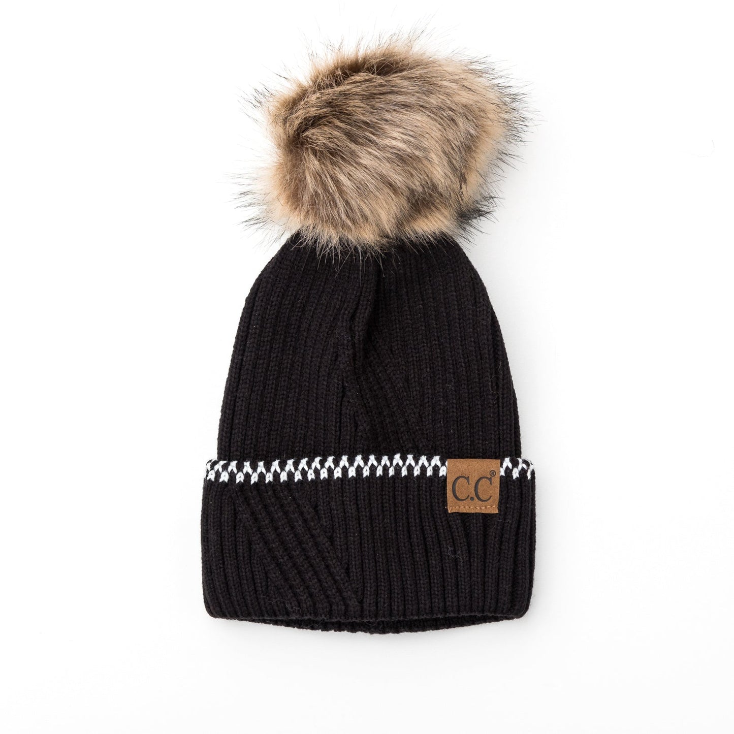 C.C® 100% Soft Acrylic Asymmetrical Weave Accent Cuff Faux Fur Pom Beanie | One Size