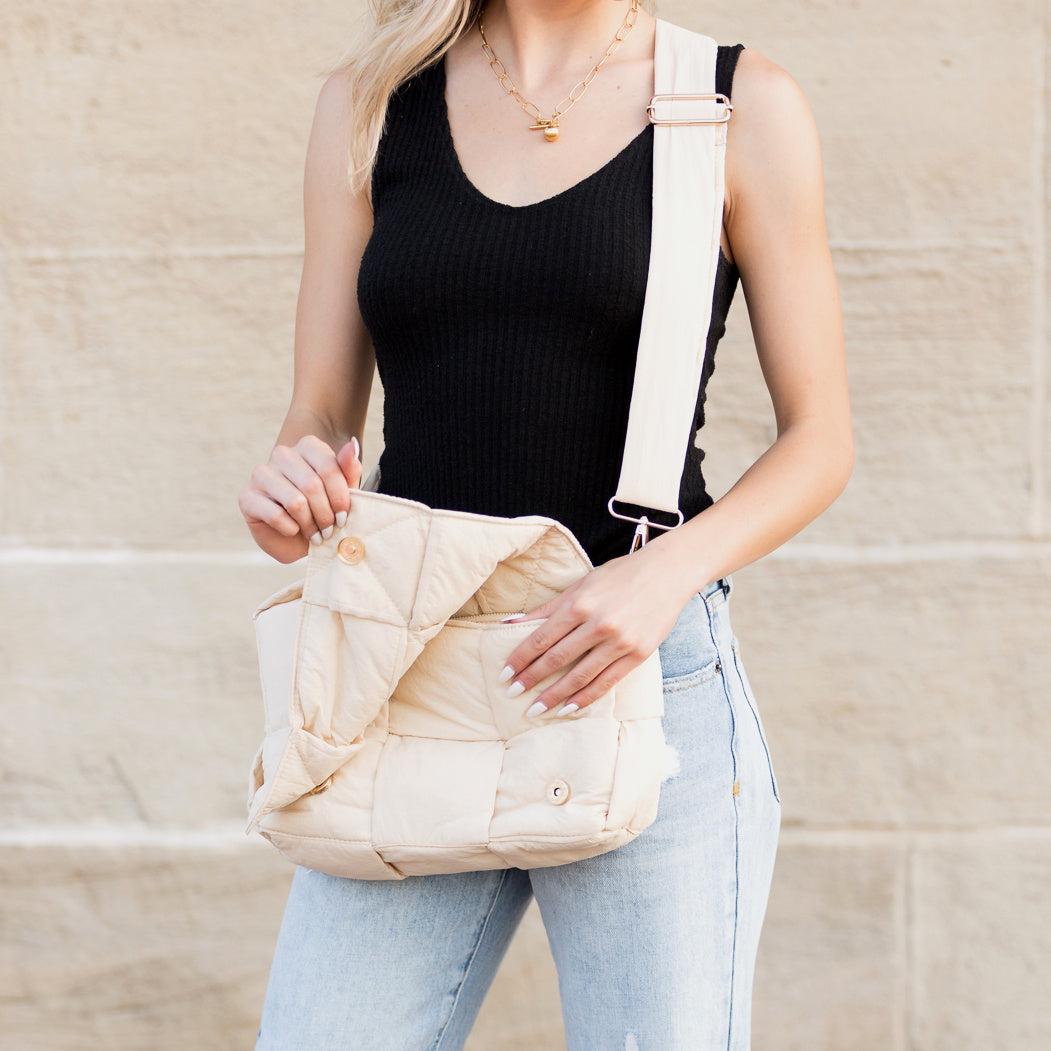 Romy 100% Nylon Cross-Weave Puffer Fold-Over Crossbody Clutch Bag