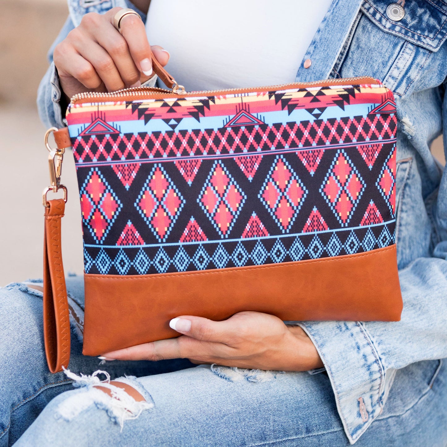40% Polyester 60% Cotton Vegan Leather Trim Aztec Boho Wristlet Clutch | 8.5" x 11"