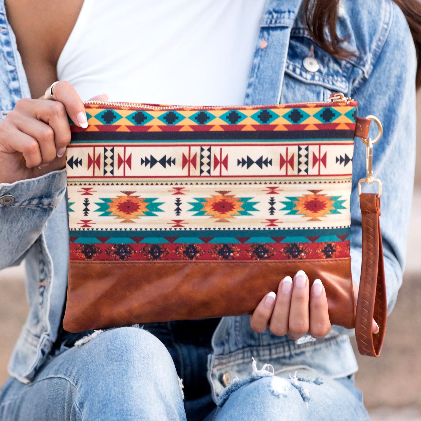 40% Polyester 60% Cotton Vegan Leather Trim Aztec Boho Wristlet Clutch | 8.5" x 11"