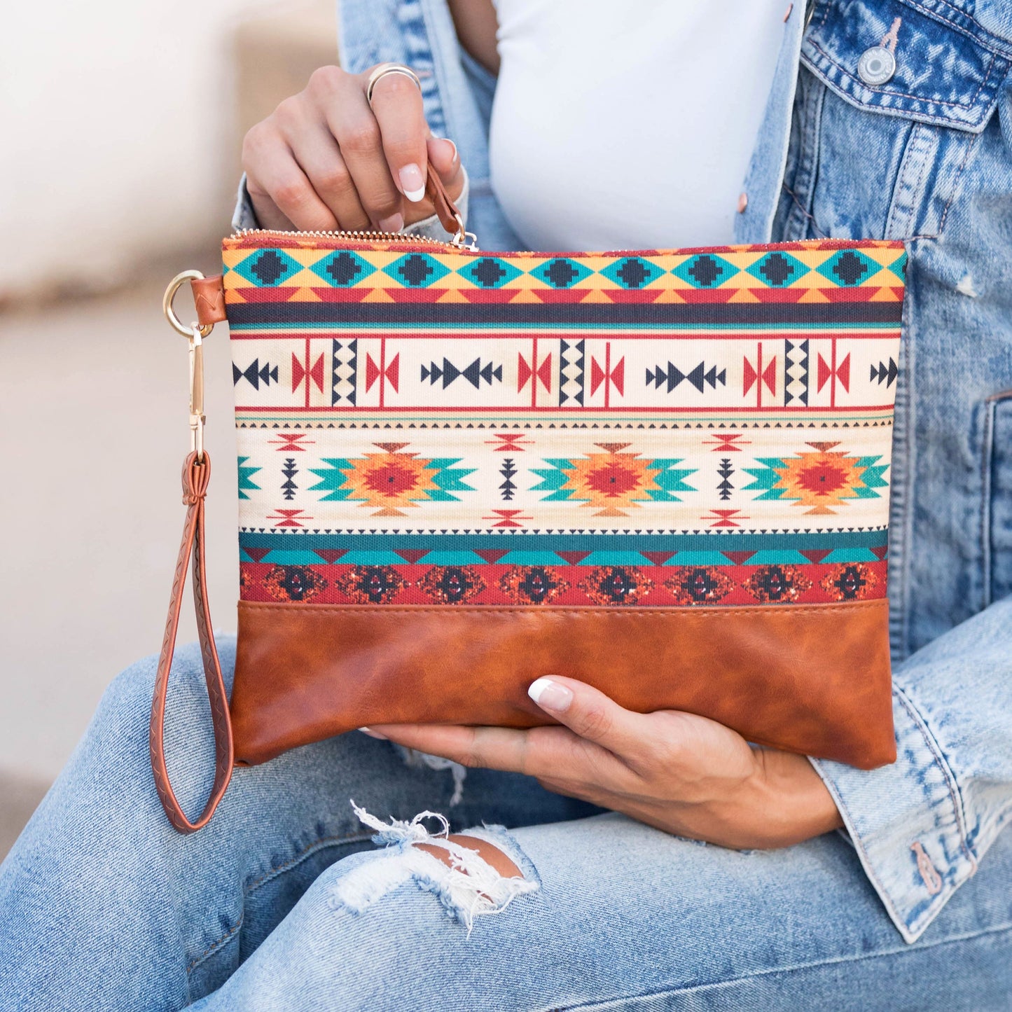 40% Polyester 60% Cotton Vegan Leather Trim Aztec Boho Wristlet Clutch | 8.5" x 11"