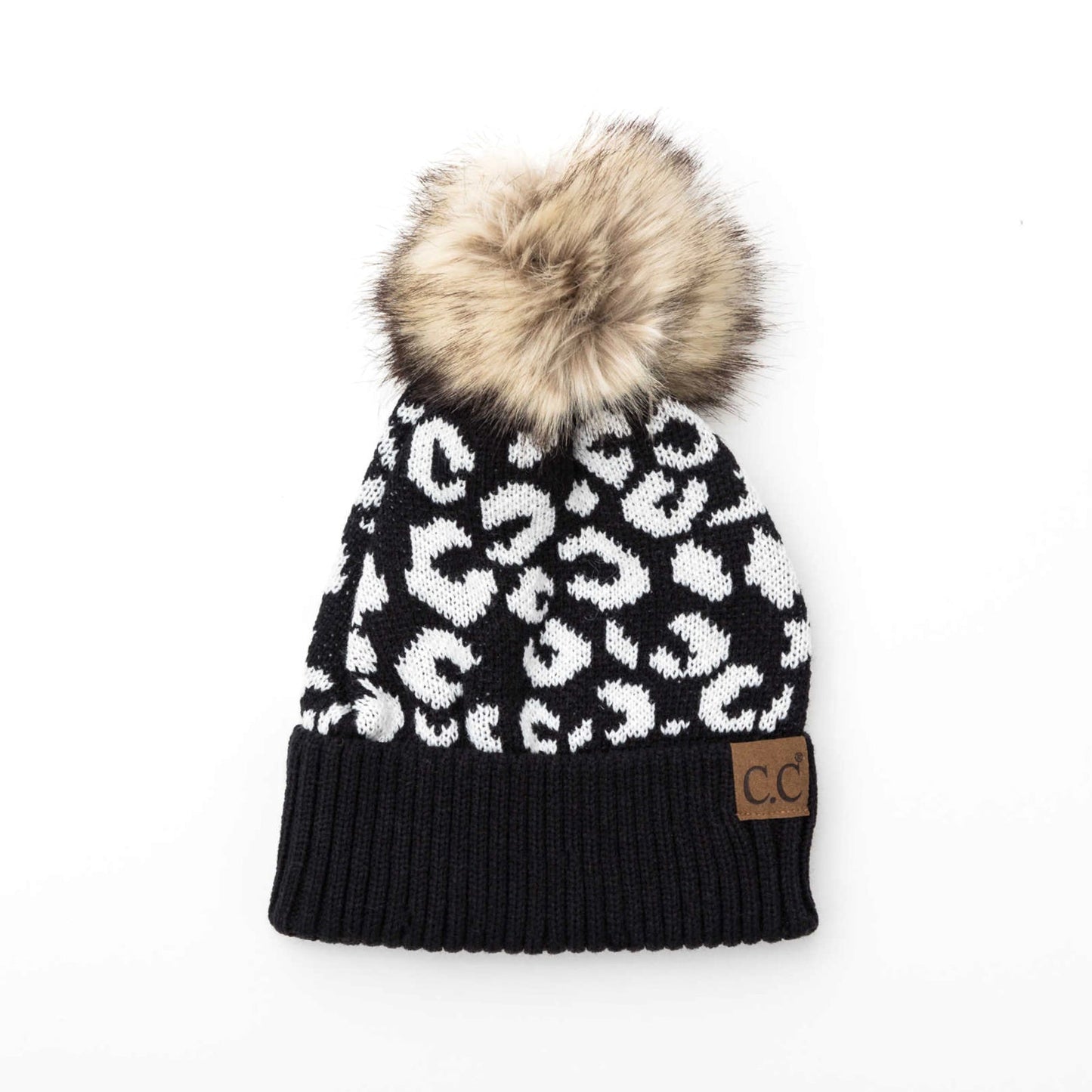 C.C® 100% Soft Acrylic Natural Leopard Faux Fur Pom Beanie | One Size