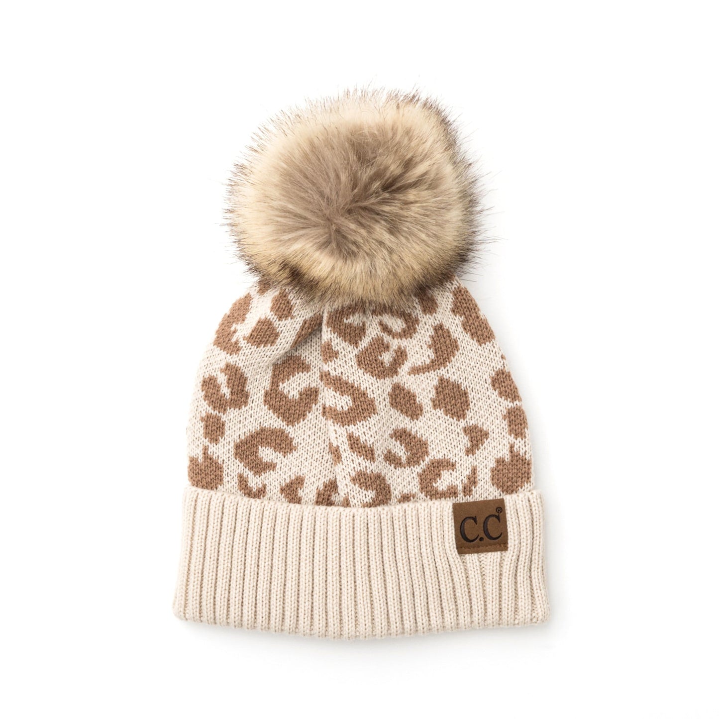 C.C® 100% Soft Acrylic Natural Leopard Faux Fur Pom Beanie | One Size