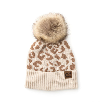 C.C® 100% Soft Acrylic Natural Leopard Faux Fur Pom Beanie | One Size