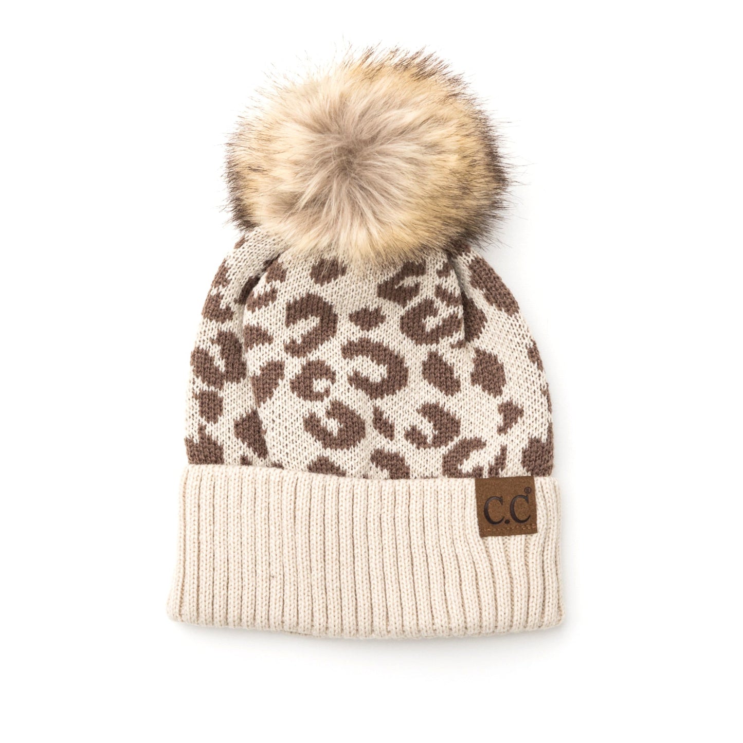 C.C® 100% Soft Acrylic Natural Leopard Faux Fur Pom Beanie | One Size