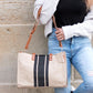 Canvas PU Leather Cotton Lined Stripe Gold Grommet Convertible Tote Bag