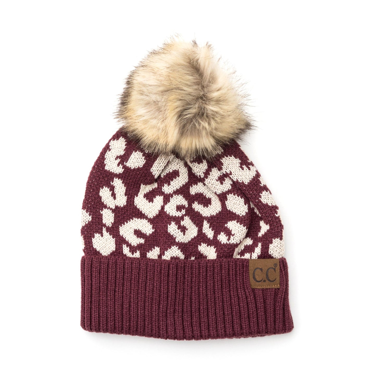 C.C® 100% Soft Acrylic Natural Leopard Faux Fur Pom Beanie | One Size