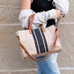 Canvas PU Leather Cotton Lined Stripe Gold Grommet Convertible Tote Bag