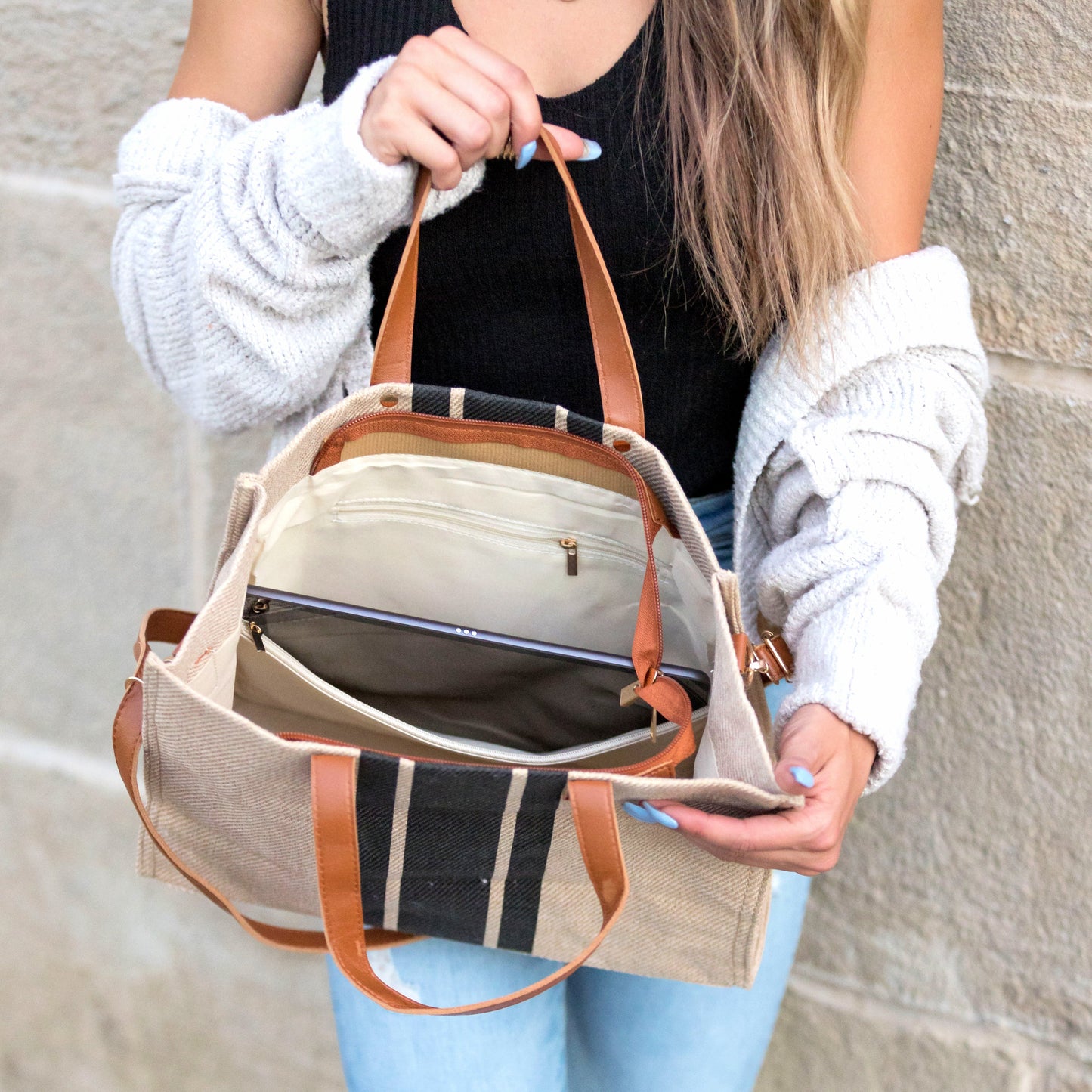 Canvas PU Leather Cotton Lined Stripe Gold Grommet Convertible Tote Bag