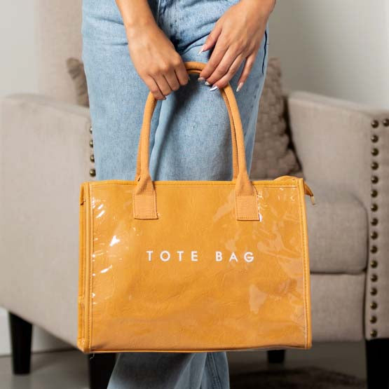 Kate Laminated City Tote | Vegan Leather & PVC, Canvas Handles | 14.5 x 5 x 11 in