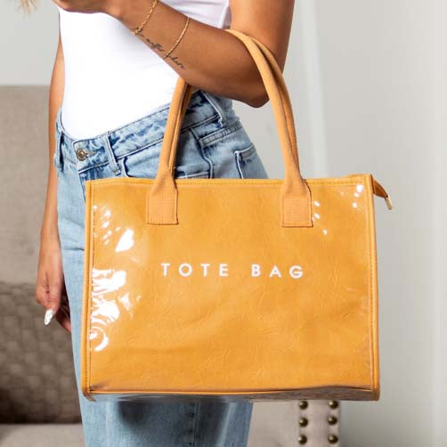 Kate Laminated City Tote | Vegan Leather & PVC, Canvas Handles | 14.5 x 5 x 11 in