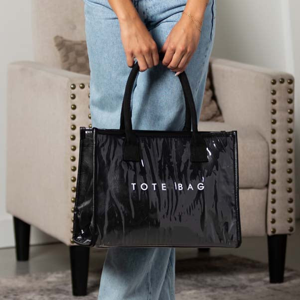 Kate Laminated City Tote | Vegan Leather & PVC, Canvas Handles | 14.5 x 5 x 11 in