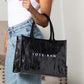Kate Laminated City Tote | Vegan Leather & PVC, Canvas Handles | 14.5 x 5 x 11 in
