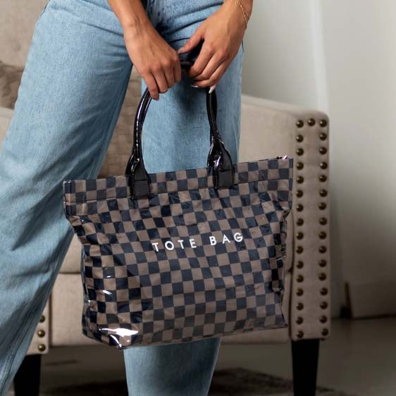 Blueberi B Charly Checkered Tote | Nylon & Laminated PVC | 12.5 x 5 x 13.5 in; 17 in Top