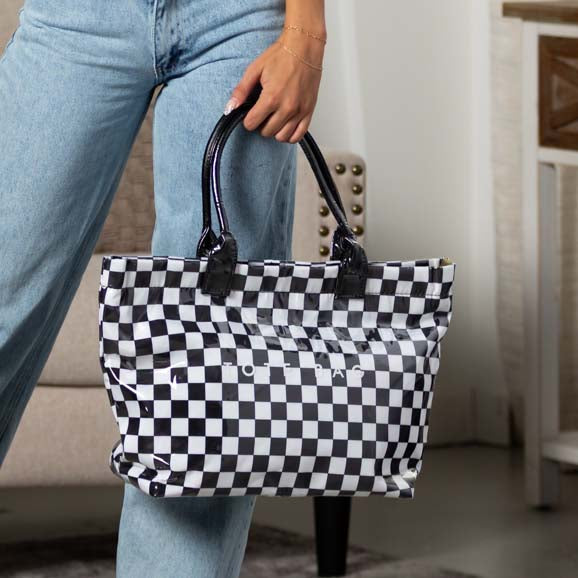 Blueberi B Charly Checkered Tote | Nylon & Laminated PVC | 12.5 x 5 x 13.5 in; 17 in Top