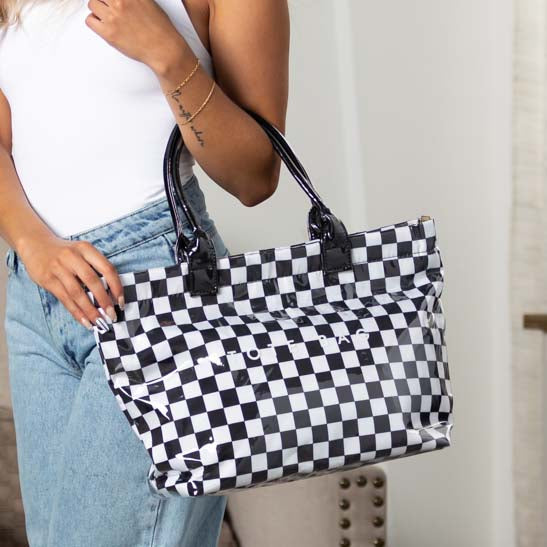 Blueberi B Charly Checkered Tote | Nylon & Laminated PVC | 12.5 x 5 x 13.5 in; 17 in Top