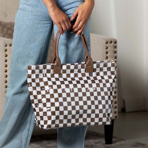 Blueberi B Charly Checkered Tote | Nylon & Laminated PVC | 12.5 x 5 x 13.5 in; 17 in Top