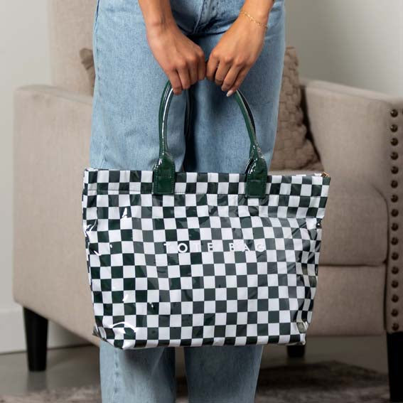 Blueberi B Charly Checkered Tote | Nylon & Laminated PVC | 12.5 x 5 x 13.5 in; 17 in Top