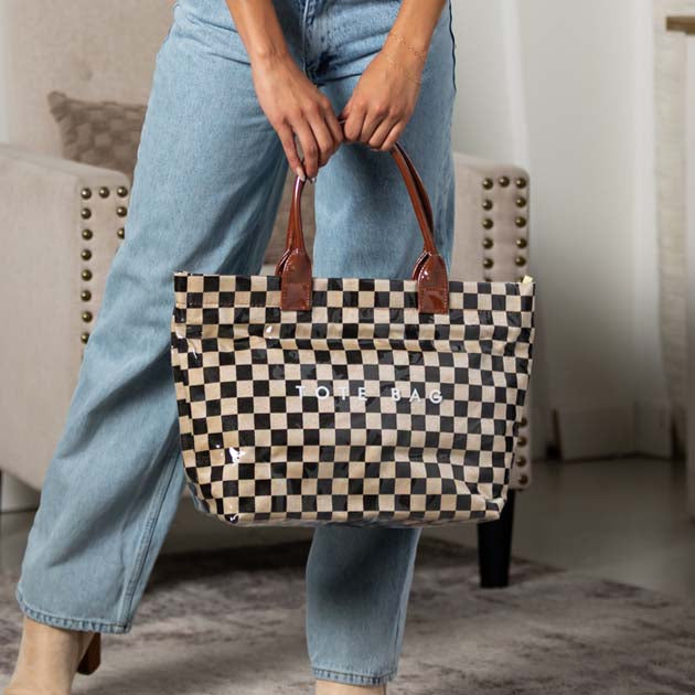 Brooklyn Checkered Tote | Canvas, Vegan Leather & PVC | 12.5 x 5 x 13.5 in; 17 in Top